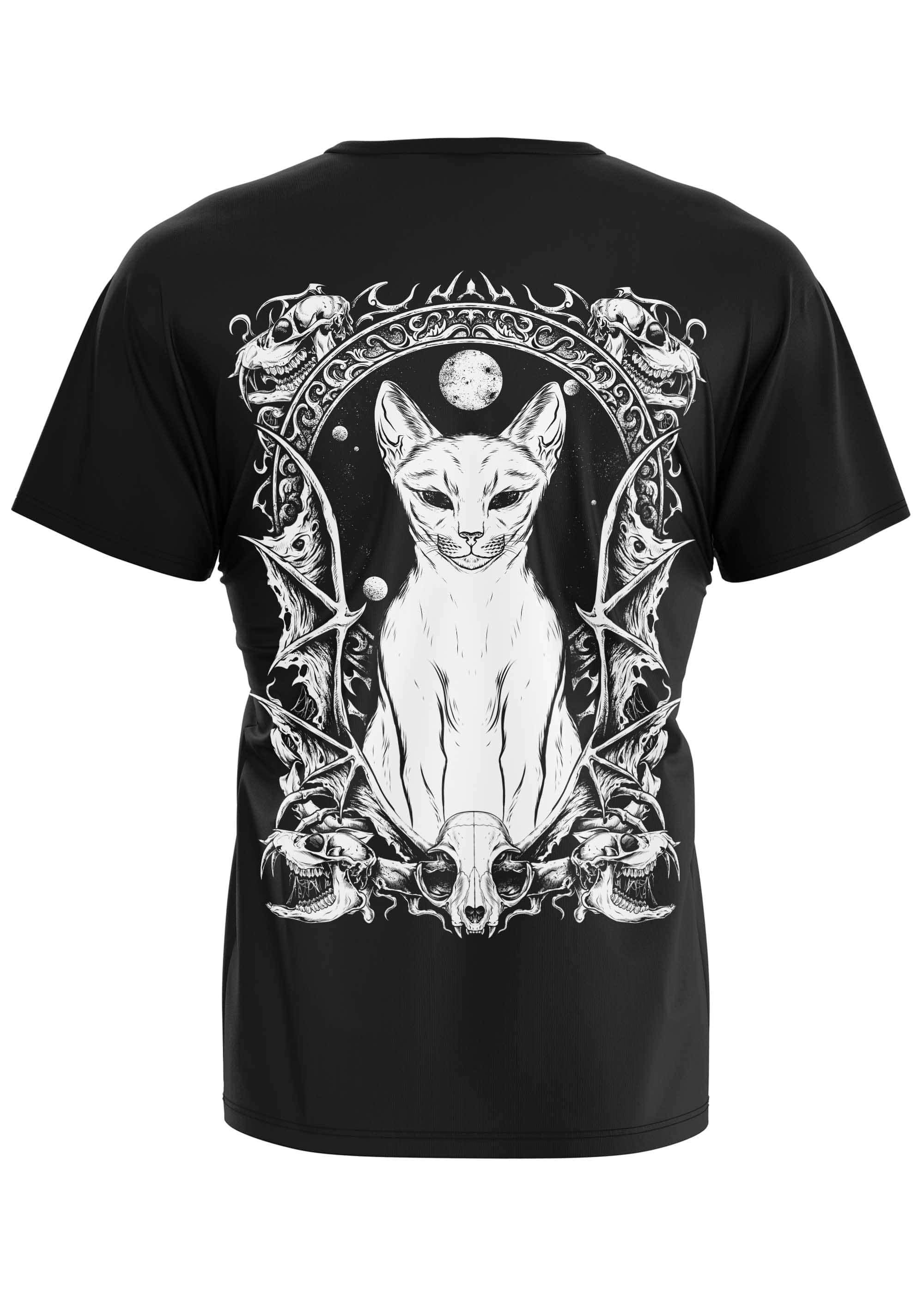 Schwarzes kurzarmshirt mit gothic horror grafik eines verzierten katzens mit schädeln und fledermäusen auf der rückseite